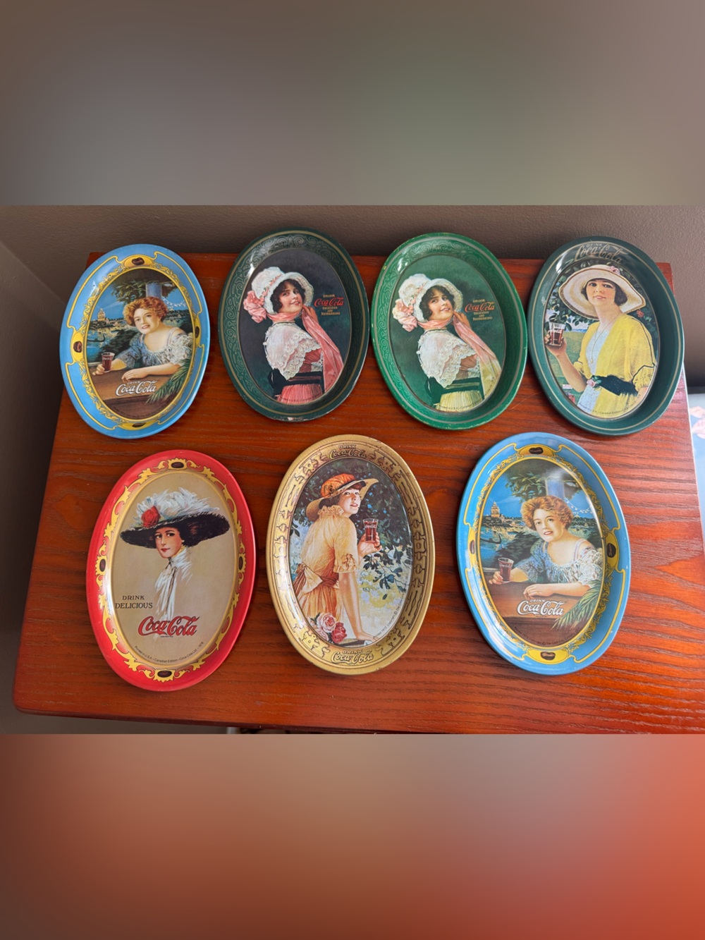 7 Vintage Coca Cola Girls Metal Trays - Collectible Coca Cola Merch Tip Trays